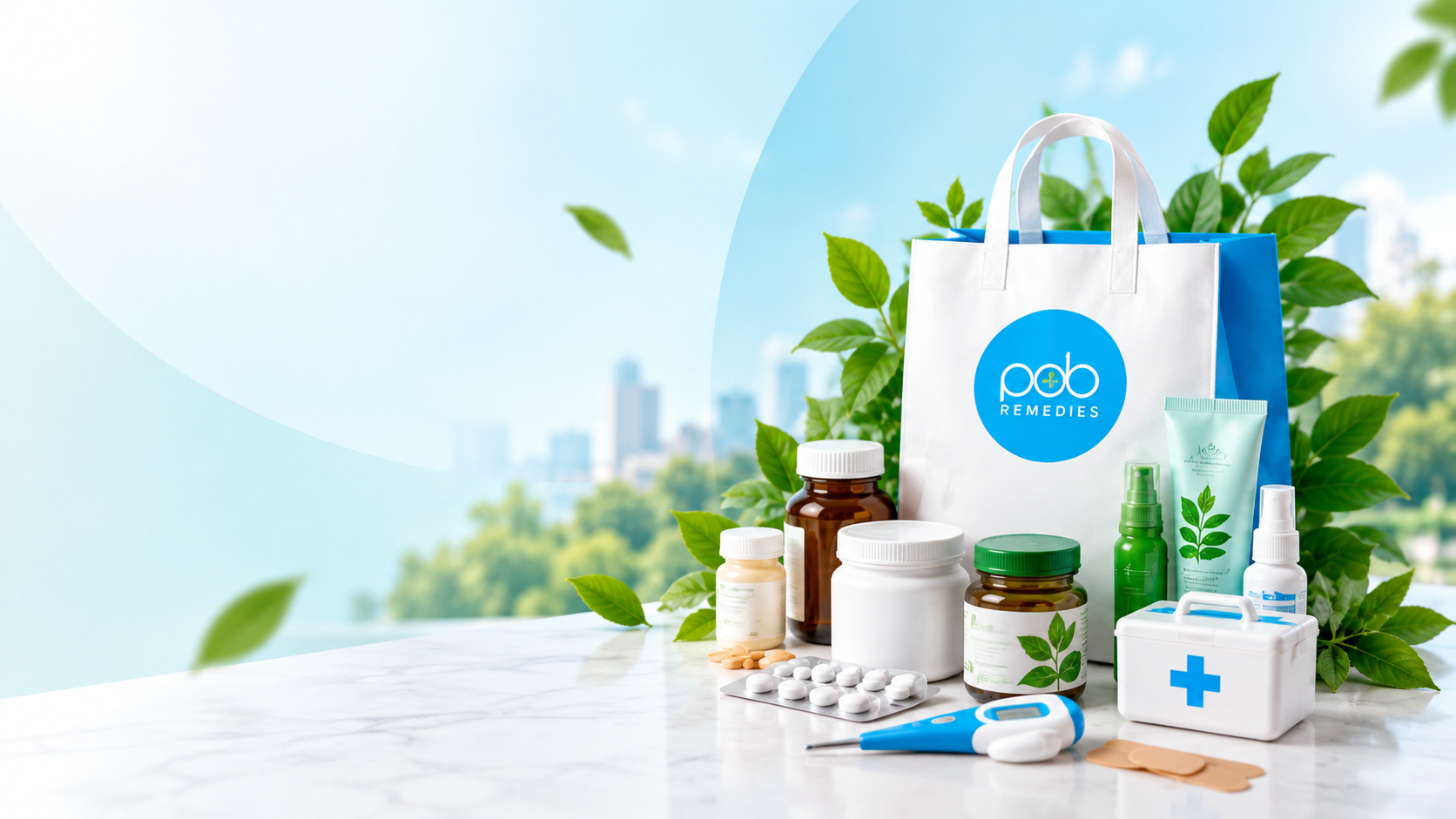 A PAB Remedies bag with medicines, supplements, a first aid kit and a thermometer